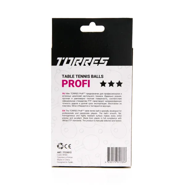 Мяч для наст. тенниса TORRES Profi 3*, TT23012, диам. 40+мм, упак. 6 шт, белый за 338.30 ₽ в Смоленске